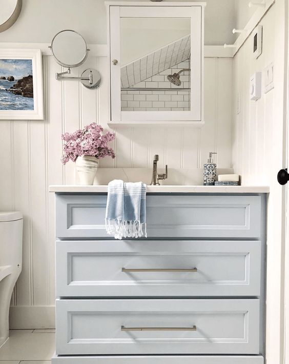 Sherwin-Williams North Star is one of the best light blue gray paint colors for cabinets in any kitchen or bathroom