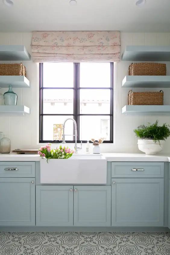Benjamin Moore Smoke is one of the best blue gray paint colors for cabinets in a kitchen, laundry room, or bathroom