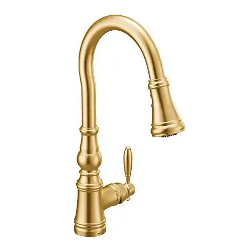 Moen S73004BG Weymouth Shepherd's Hook Pulldown Kitchen Faucet Featuring Metal Wand with Power Boost, Brushed Gold
