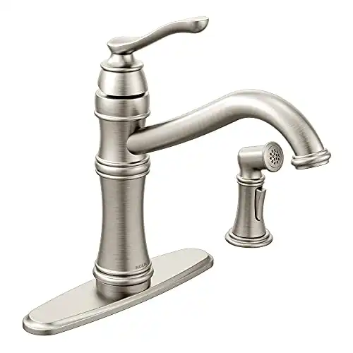 Moen 7245SRS Belfield Traditional One Handle High Arc Kitchen Faucet with Side Spray and Optional Deckplate Included, Spot Resist Stainless