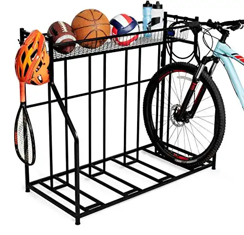 BIRDROCK HOME 4 Bike Stand Rack with Storage – Metal Floor Bicycle Nook – Great for Parking Road, Mountain, Hybrid or Kids Bikes – Garage Organizer - Helmet - Sports Storage Station - Black