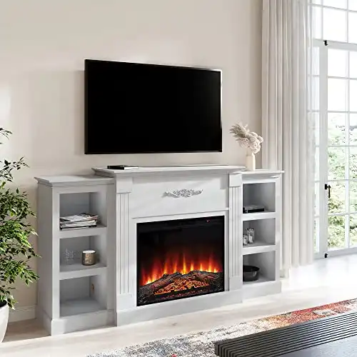 Della Electric Faux Fireplace Mantel Heater with Built-In Bookshelves