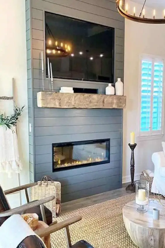 shiplap electric fireplace ideas with TV above