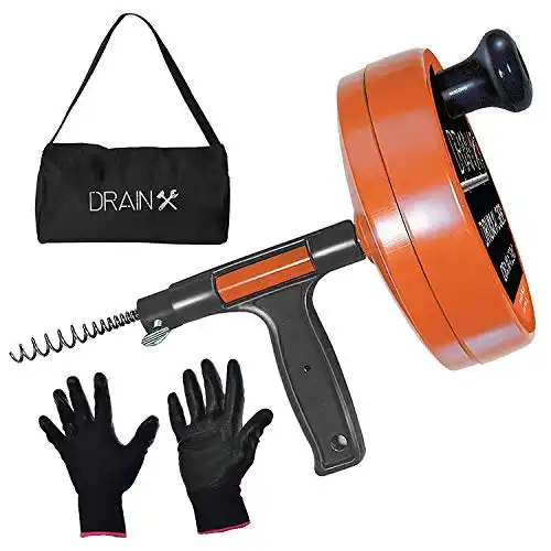 DrainX Drain Auger Pro | Heavy Duty Steel Drum Plumbing Drain Snake with 25-Ft Drain Cleaning Cable