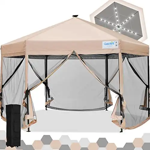 Quictent 13’ X 13’ Hexagonal Pop up Gazebo Tent with Mosquito Netting with LED Lights Pop up Canopy Tent ,Easy up Screened Canopy Tent Gazebo (Beige)