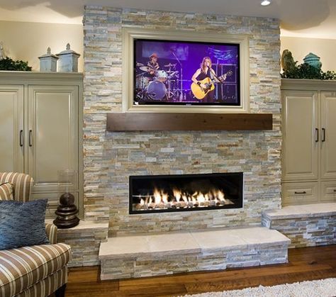 electric fireplace ideas with TV above recessed