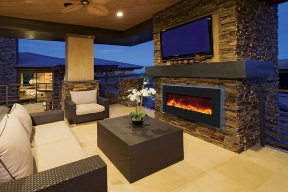outdoor electric fireplace ideas with TV above