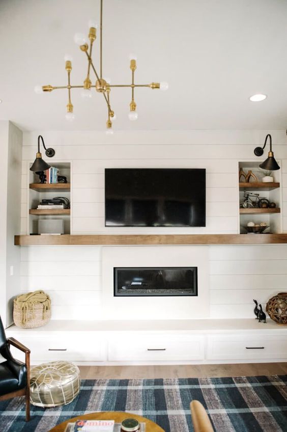 shiplap electric fireplace ideas with TV above