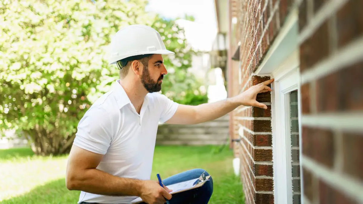 home inspector wearing white polo and white cap checking the foundation of a house