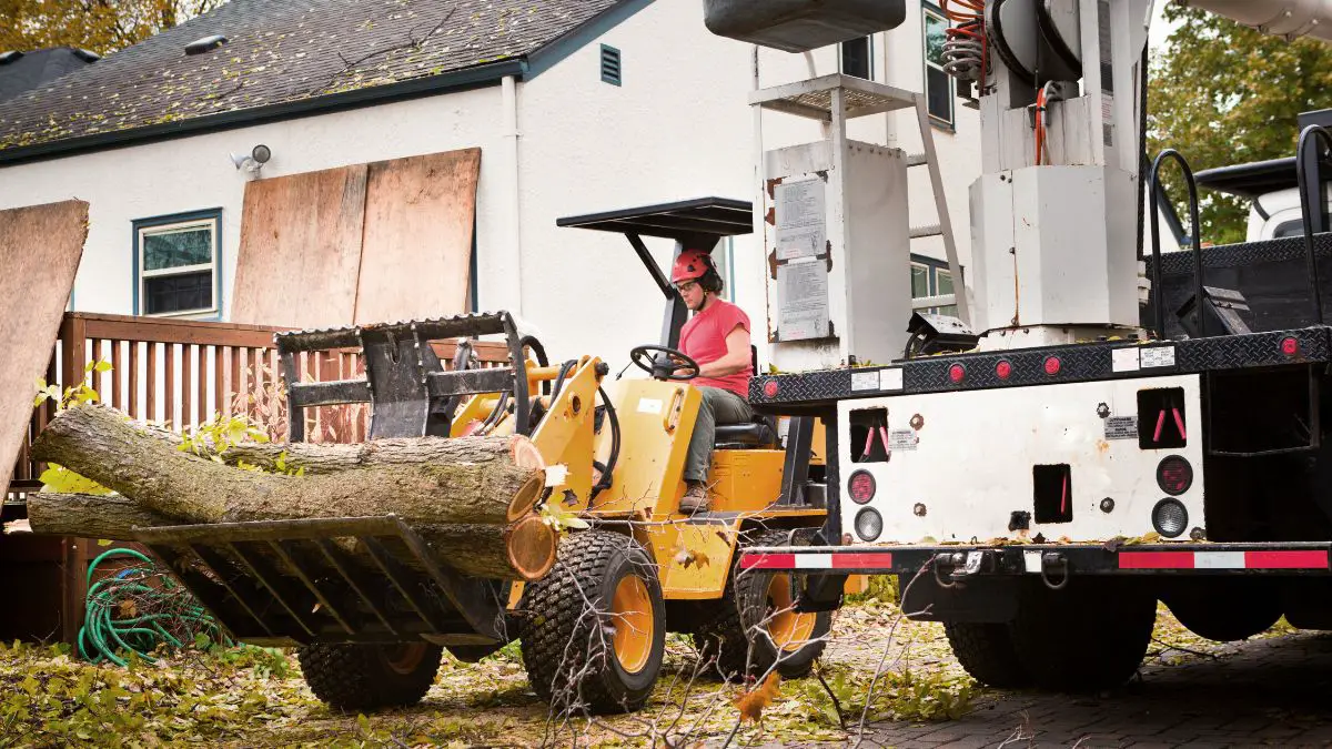 Tree removal near a residential house with a backhoe